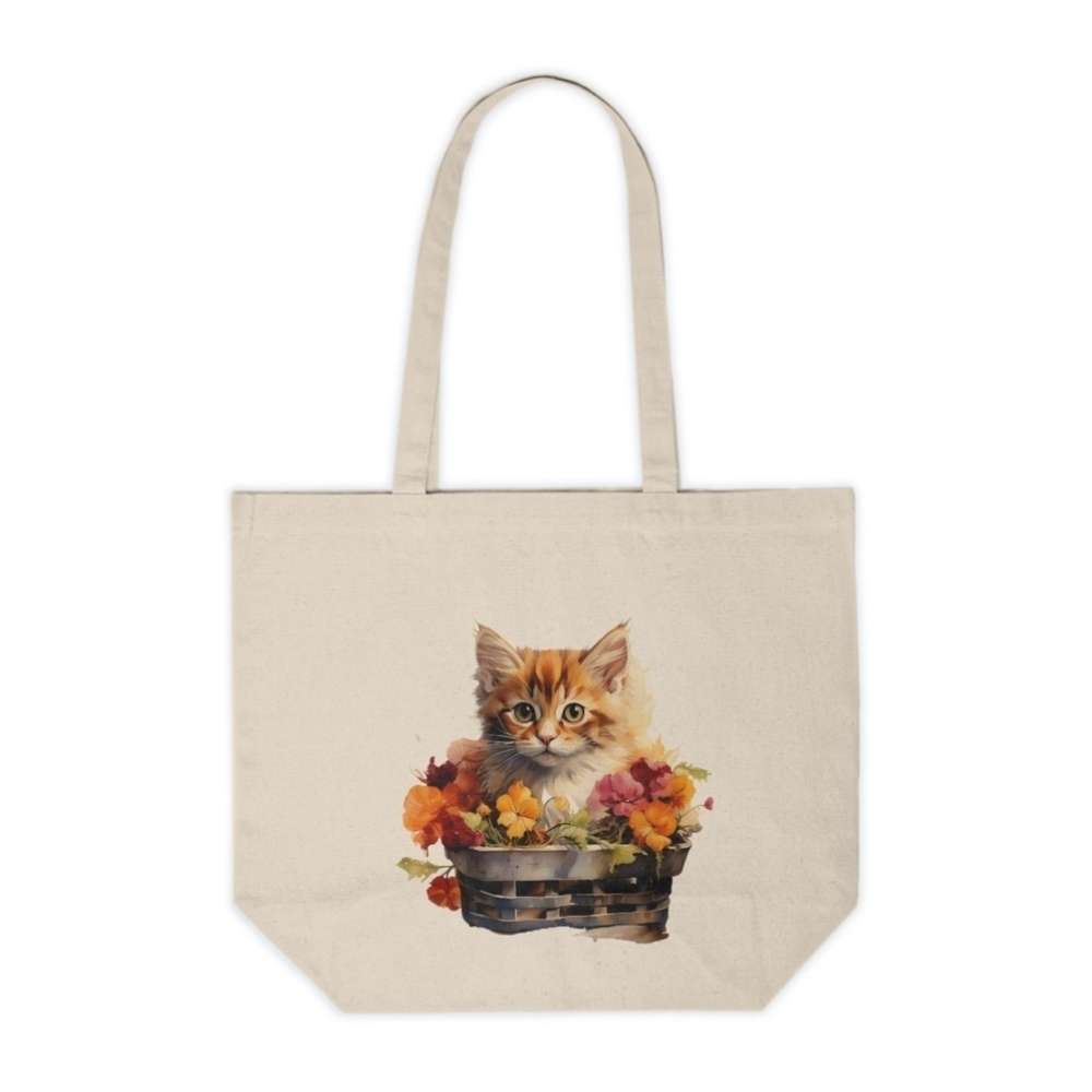 Floral Cat in a Basket Custom Canvas Tote Bag